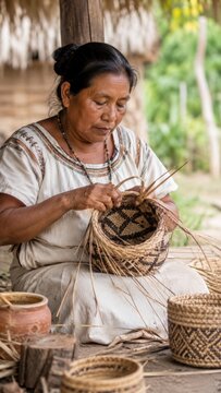 Authentic Indigenous Latin American Woman in Traditional Embroidered Dress Weaving Handcrafted Basket with Palm Fronds, Grounding Hues Active Older Adults Folk Art and Cultural Heritage Concept