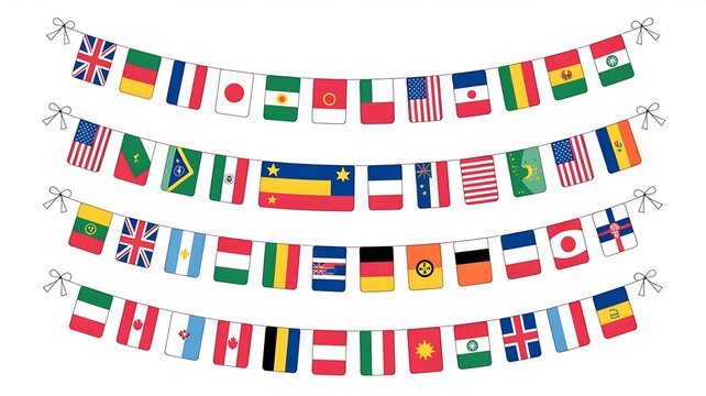 Many international flags hang on strings around a festive string banner