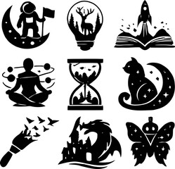 Fototapeta premium Black silhouette icons set with abstract symbols and objects