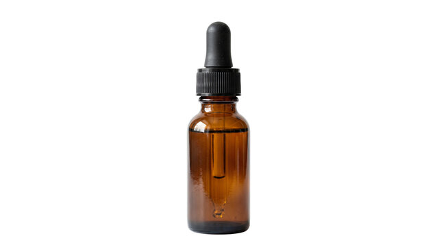Amber glass dropper bottle with black cap on transparent background