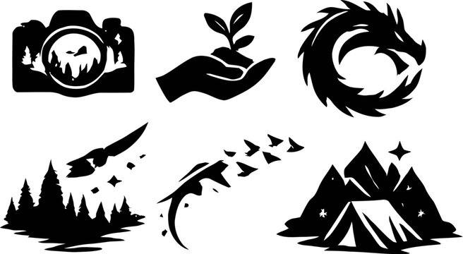 Black silhouette icons of nature and photography