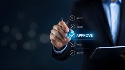 Obraz premium Businessman in suit using digital pen to select approve button on virtual interface