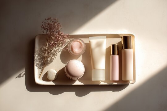 Minimal skincare product mockup with cosmetic bottles, natural stones and neutral spa aesthetic background.