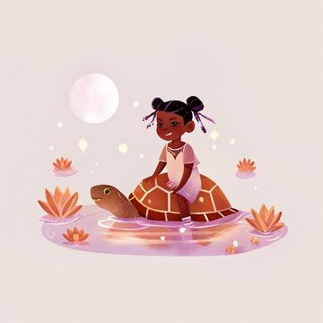 Mia & Jon's Night Adventure #3 - Girl Riding Turtle in Lotus Pond Under Moonlight, Children's Watercolor Illustration
