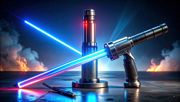 Two futuristic sci-fi laser blasters with glowing blue and red lightsabers on a dark