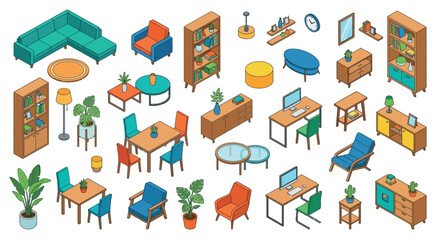 Fototapeta premium Isometric Furniture Collection Vector Illustration With Colorful Accents
