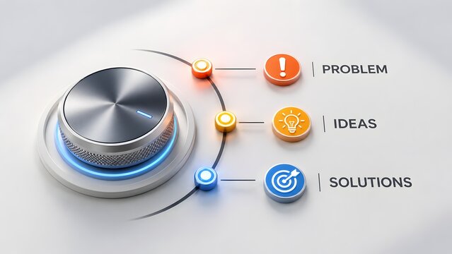 Metallic control dial turning towards solutions option with problem and ideas