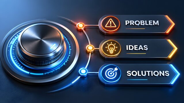 Glowing metallic dial turned to solutions option on dark modern digital interface