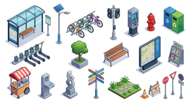 Isometric city street elements collection vector illustration on white background