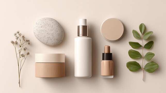 Minimal skincare product mockup with cosmetic bottles, natural stones and neutral spa aesthetic background.
