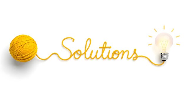 Yellow yarn unraveling to spell solutions text connected to glowing lightbulb
