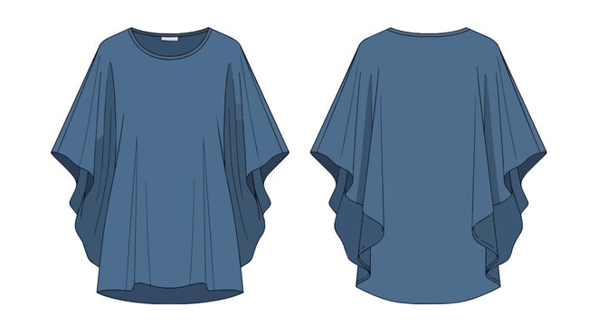 Blue Poncho Style Blouse with Draped Batwing Sleeves Technical Fashion Sketch Illustration Front and Back View