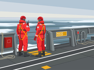 Two crew members conduct a vessel emergency drill immersion protocol on a ship's deck, overlooking a snowy arctic landscape. Clear composition, vibrant red safety gear. © Vector Factory