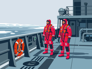 Two figures in red emergency suits stand on a ship's deck, overlooking a snowy arctic landscape. A clear, detailed illustration with a focus on safety and preparedness. © Vector Factory