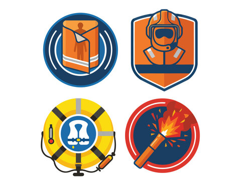 A stylized set of firefighter rescue icons. Bold colors and graphic design elements showcase a SOLAS Life Saving Component Set. Modern, professional, and visually striking.