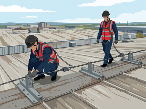 Two workers safely install a Horizontal Lifeline Fall Arrest System on a rooftop. Clear, professional illustration showcasing safety equipment and construction.