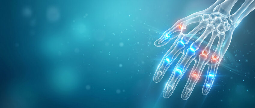 Medical illustration of hand arthritis with glowing joints. Skeletal hand showing inflammation and pain. Healthcare banner with copy space