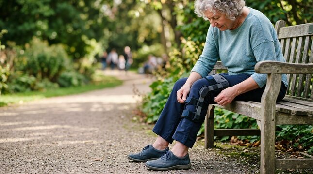 Senior woman adjusting knee brace while sitting on park bench. Elderly female with joint pain wearing orthopedic support outdoors. Osteoarthritis recovery concept