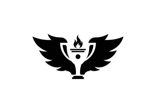 Winged trophy cup icon with flame in black silhouette