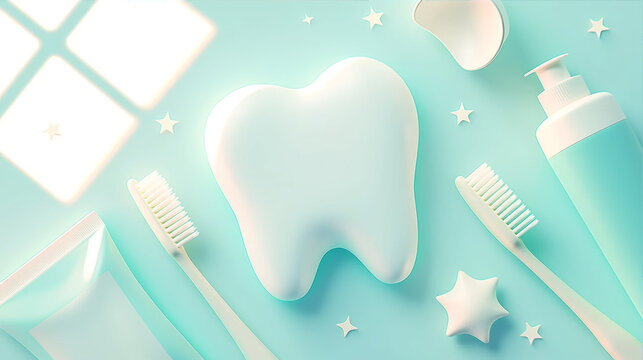 3D rendering of tooth model with toothbrushes and dental care products on light turquoise background for oral hygiene concept