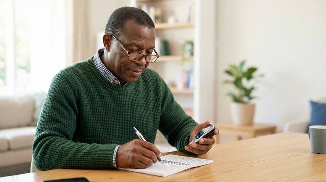 Elderly Black man recording blood sugar level in a notebook at home. Senior African American male holding a glucometer and writing at a desk. Diabetes management routine
