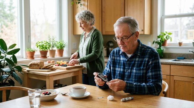 Elderly man checking blood sugar with glucometer at breakfast. Senior couple in kitchen with wife preparing healthy meal in background. Diabetes management and diet concept