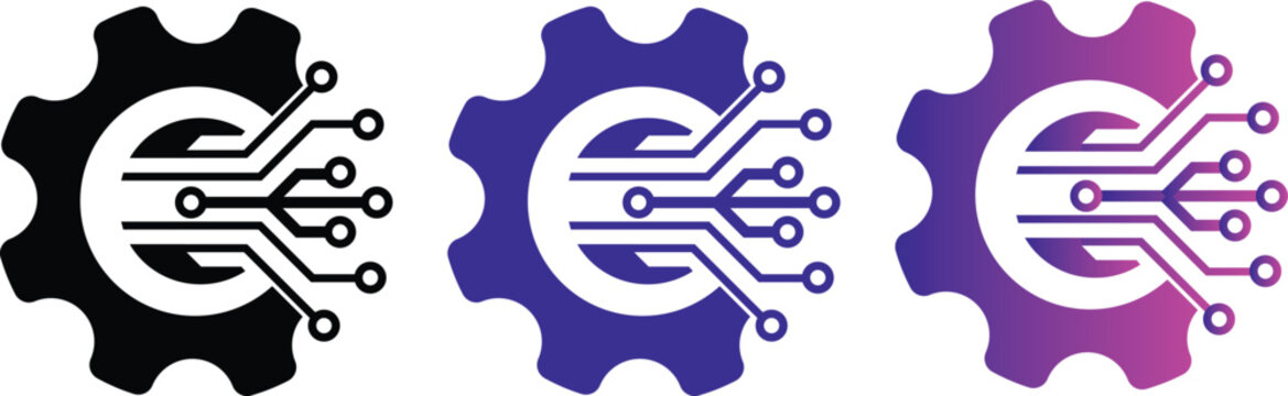 Gear icon with circuit board pattern, digital technology logo design, engineering and industrial automation concept vector illustration