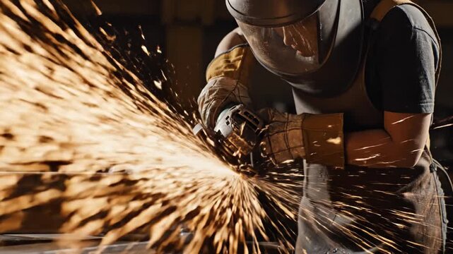 Worker sparks grinding metalwork with protective gear including gloves, face shield, helmet in workshop ensuring industrial safety during metal fabrication and steel construction tasks