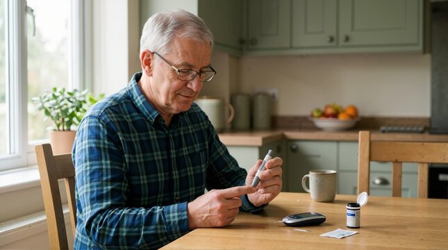 Elderly man using lancing device on fingertip at kitchen table. Senior male pricking finger for blood sugar test with glucometer nearby. Daily diabetes management routine
