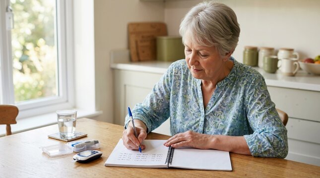 Elderly woman recording blood sugar readings in a notebook at kitchen table. Senior female writing health log with glucometer nearby. Daily diabetes tracking routine