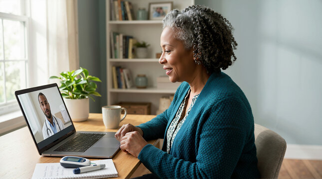 Senior woman on video call discussing diabetes management with doctor at home, showing glucose meter and healthy lifestyle choices for diabetes care and support.