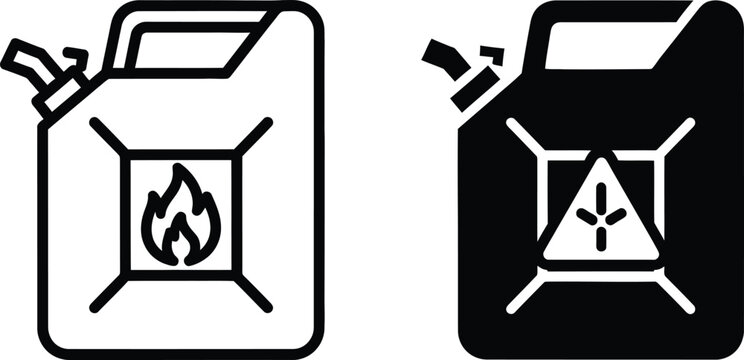 Gas can icons set flammable liquid container silhouette with flame and hazard symbol illustrations