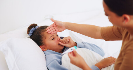 Fototapeta premium Fever, mom or daughter in bedroom with thermometer, childcare or health monitor with flu symptoms. Sick, mother or child in home with tech, parenthood and temperature check in illness assessment.