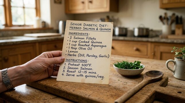 Hand holding a handwritten recipe card for a senior diabetic diet. Healthy cooking and meal planning in a rustic kitchen