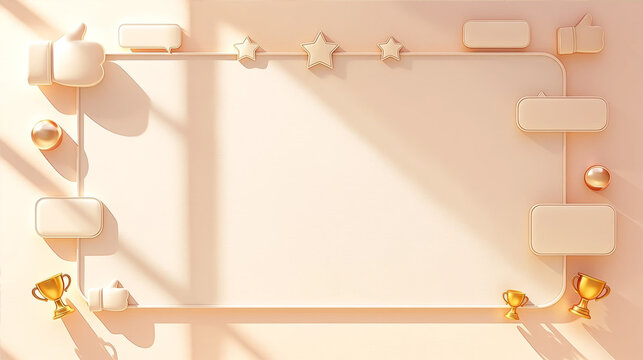 3D render social media marketing frame background with thumbs up icons stars and golden trophies speech bubbles for copy space