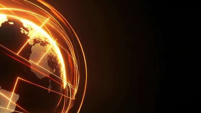 The video shows the globe with bright light lines moving in a circular pattern. It highlights different continents and showcases the flow of energy and information in a digital world