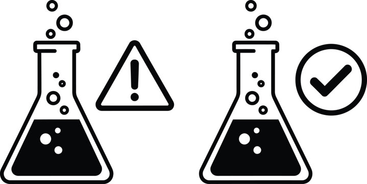 Laboratory experiment results erlenmeyer flasks with warning and approval symbols black silhouette vector