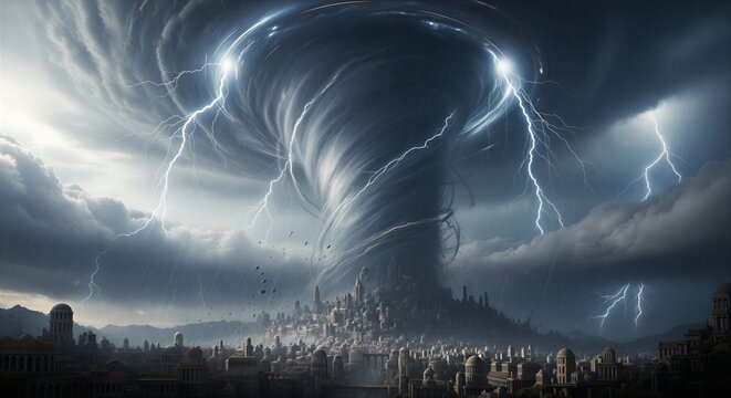 Apocalyptic dark fantasy landscape with massive hurricane vortex and thunderbolts