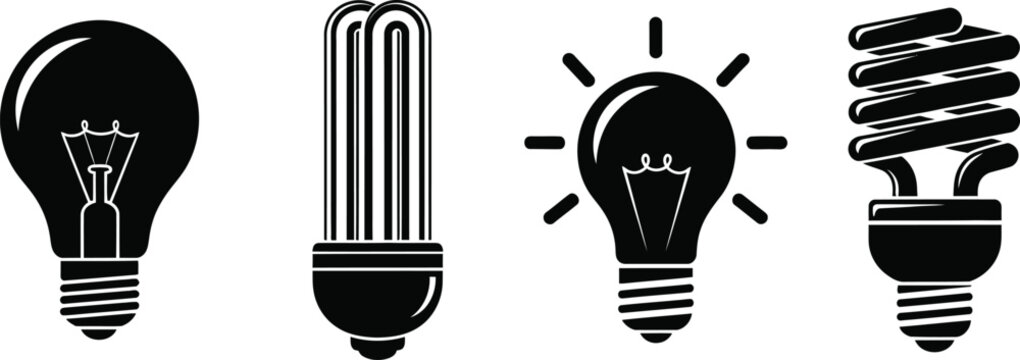Evolution of light bulbs silhouette incandescent cfl halogen and spiral led vector illustration