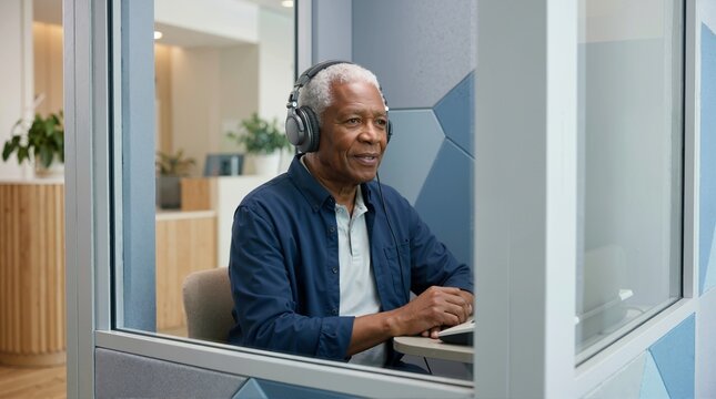 Elderly Black man undergoing a hearing test in an audiology booth. Senior patient wearing headphones for auditory exam. Medical diagnostic and healthcare concept