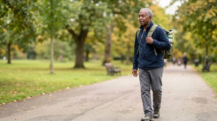 Obraz premium Elderly Black man walking in a park with a portable oxygen cylinder in a backpack. Senior patient wearing a nasal cannula for respiratory therapy outdoors. Active lifestyle with chronic lung disease