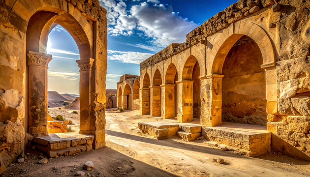 Ancient deserted stone structure with rows of arches and cloudy blue sky background