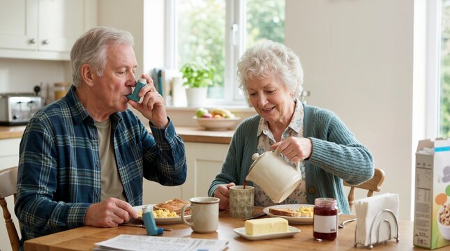 Elderly man using an asthma inhaler at the breakfast table while his wife pours coffee. Senior couple managing chronic respiratory disease during a normal morning routine at home
