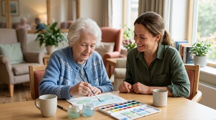 Fototapeta premium Elderly woman in a hospice day room painting a watercolor. Senior woman with a volunteer engaged in art therapy. Companionship and mental health support in palliative care