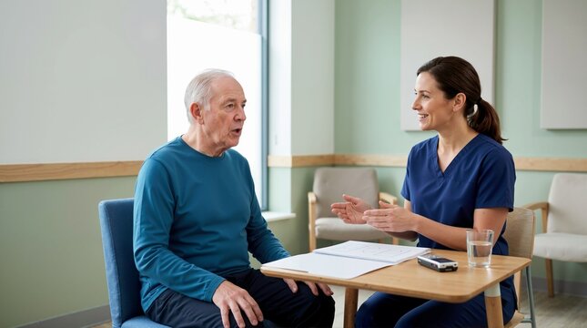 Elderly man attending a Parkinson's voice therapy session. Senior patient and speech therapist performing vocal exercises in a clinic. Speech pathology and medical care concept