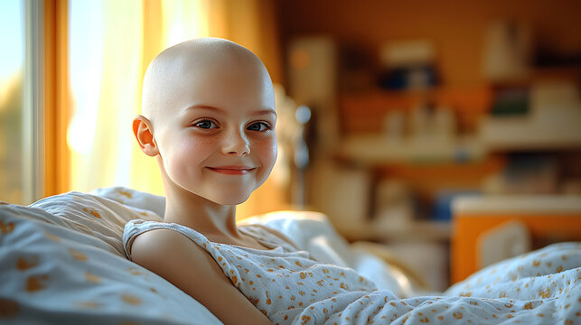 Cute bald boy smiling bravely sitting in bed healthcare medicine concept