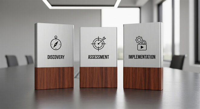 Business strategy process blocks on office table, Discovery Assessment and Implementation phases, corporate project management concept