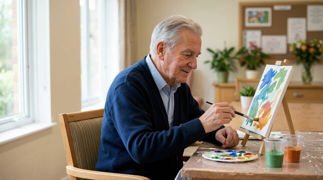 Elderly man with dementia at an art therapy session in a care home. Senior man painting on a canvas with focused expression. Creative activity for mental health and cognitive support