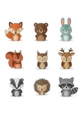 Fototapeta premium Cute Forest Animals Collection with Fox Bear Rabbit Squirrel Owl Deer Badger Hedgehog and Raccoon Illustration Set