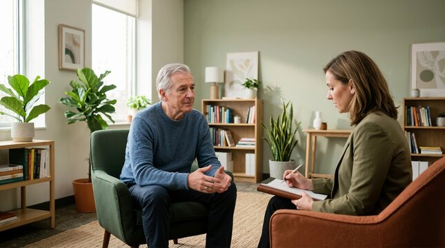 Senior man in psychotherapy session with female therapist. Elderly male receiving mental health counseling in professional office. Geriatric psychology and support concept